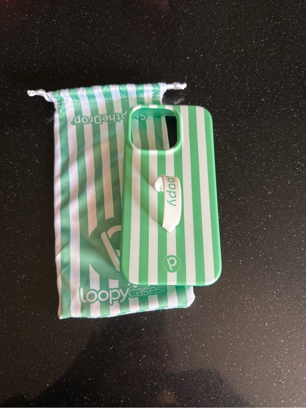 Loopy Green and White Stripe iPhone 16 pro Case with White Loopy Grip